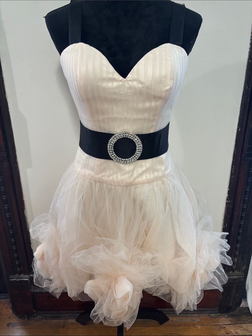 Fashion Nova Strapless Blush Mini Dress with Black Rhinestone Belt